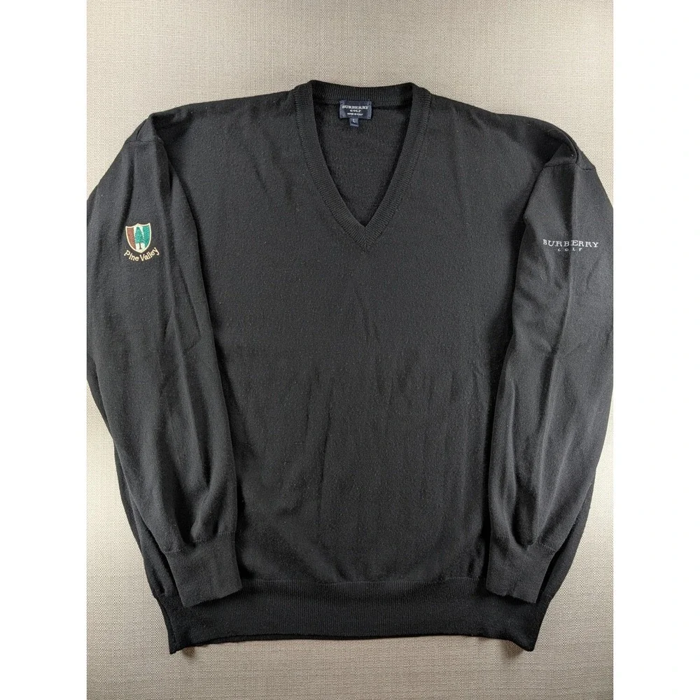 Burberry Golf Pine Valley Men Large Black Extra Fine Merino Wool V-Neck Sweater